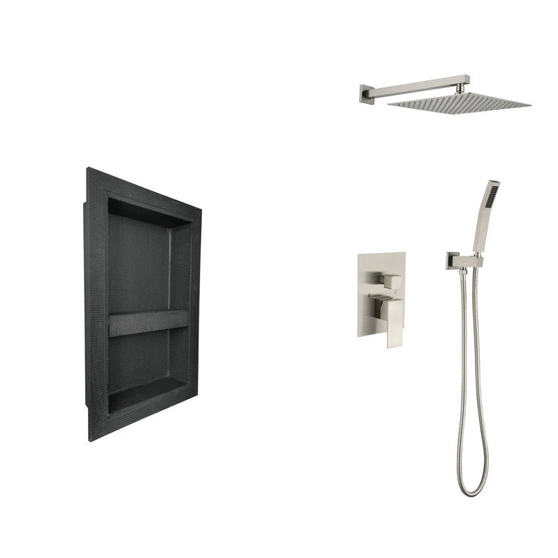 Shower System In Brushed Nickel Finish. Consists Of Head, Hand Shower, Hose, Valve Trim, Lever Handles, Niche. . Creates Natural Rainfall Sensation. Self-Cleaning Nozzle. Meets American Standard Pipe