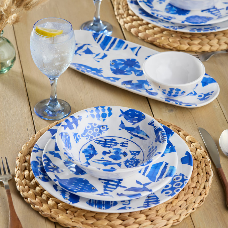 Service de table en mélamine pour 4 personnes Fish Tale - école de poisson bleu de cobalt, bols à assiettes extérieures, repas côtier incassable, divertissement au bord de la piscine, rêve méditerranéen pour chaque repas