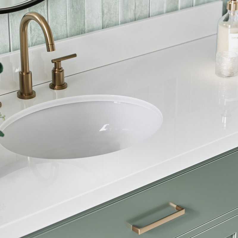 Meuble-lavabo simple en bois massif Tidworth avec plateau en quartz blanc de 1,5 po, Ovale, Vert rétro