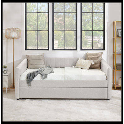 Full Size Daybed with Trundle, Upholstered in Linen Fabric, Vertical Stripes for Modern Comfort and Style