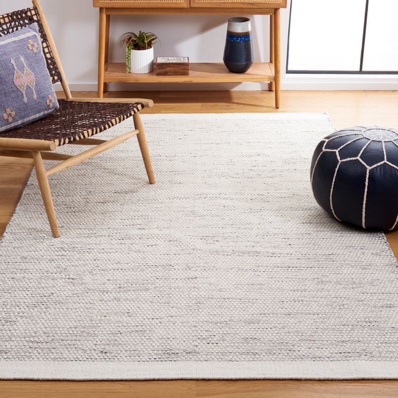 Tapis de couleur unie en laine / coton tissé à la main Tohei en ivoire / noir, Carré 7 pi