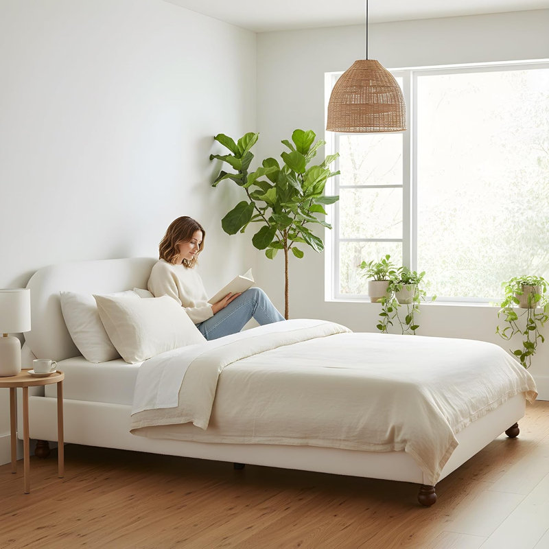 Queen Size Boucle Platform Bed with Headboard, Bed Frame with Rubber Wood Foot, Boucle Fabric Bed Frame, Curved Design, 800 lb Support, No Box Spring Required, White