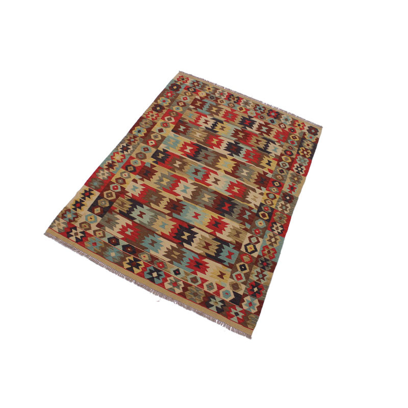 Tapis brun / beige en laine fabriqué à la main à motif géométrique 5 pi x 6 pi 11 po Madee