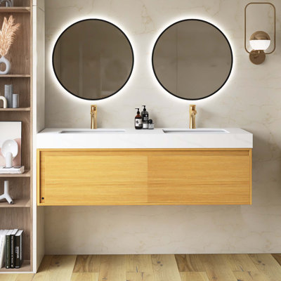 Meuble-lavabo flottant ultra-mince en contreplaqué flottant pré-assemblé avec plateau en pierre frittée blanc de Carrare, lavabo encastré en céramique et capteur de lumière, grain de bois clair