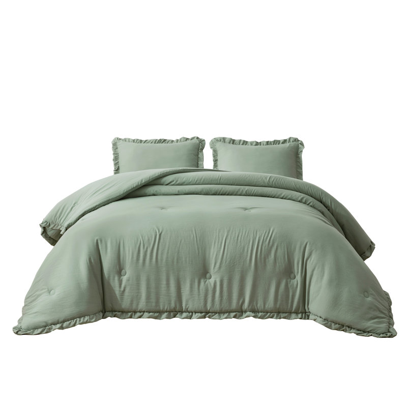 Sage Green Twin Microfiber Reversible Comforter Set with Ruffled Trim