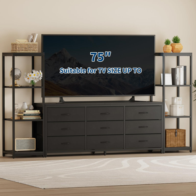 89 inch Black Industrial TV Stand Dresser 9 Fabric Drawers & 2 Four-Tier Storage Shelves Fits TVs Up to 75 Inches Large Media Console for Living Room or Bedroom