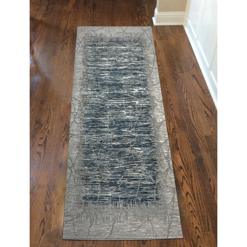 Tapis bleu Davide 1229 - motif transitionnel moderne, texture douce haute-basse, Tapis de couloir 2 pi 2 po x 7 pi 7 po