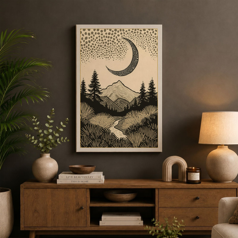 Moonlit Mountain Stream Japandi - Wrapped Canvas, 24x16 - 61.0 x 40.6 cm, Ochre Border