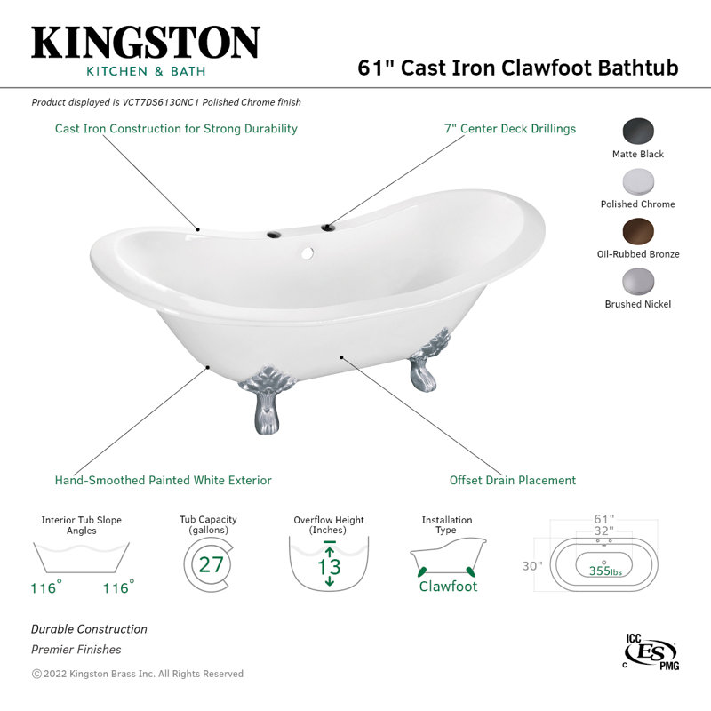 Kingston Brass Aqua Eden 61-Inch Cast Iron Oval Double Slipper Clawfoot Tub (7-Inch Faucet Drillings), Oil Rubbed Bronze