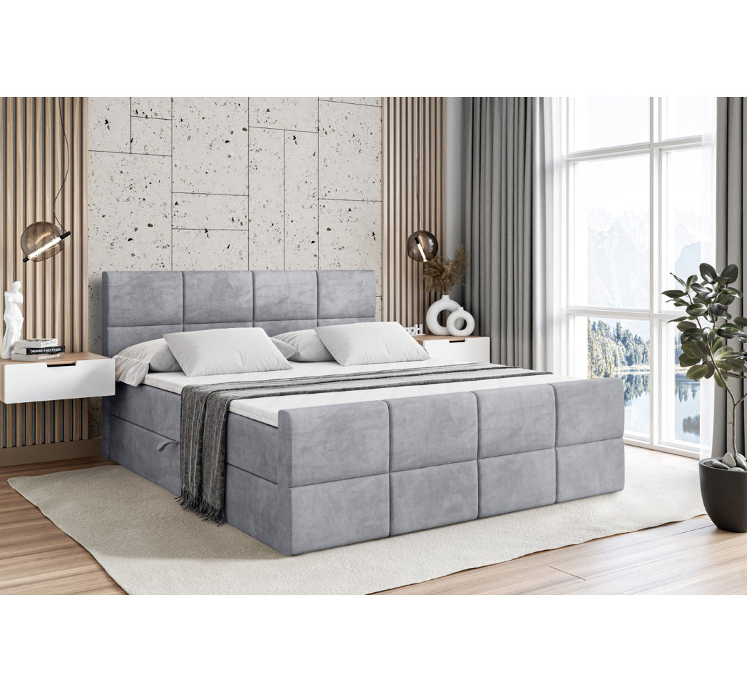 Boxspringbett Arevalo mit H3 Bonell-Federkernmatratze, Topper und Bettkasten