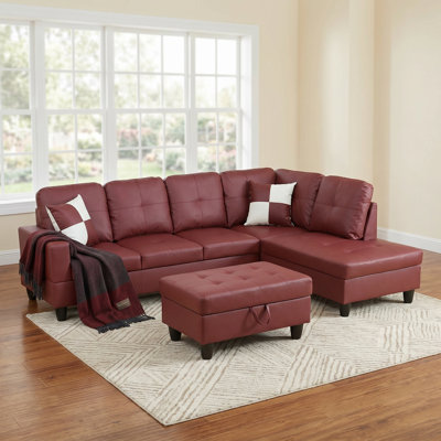 Modern Burgundy Faux Leather Sectional Sofa Set, L-Shaped Couch With Reversible Chaise, Storage Ottoman & Pillows For Small Living Room