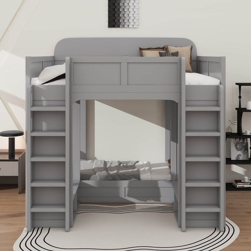 Twin +Twin Over Twin XL Triple Bunk Bed With Shelves And Hooks, Gray
