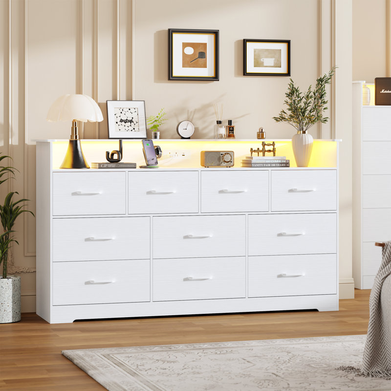 10 Drawer Dresser for Bedroom - 65" Wide Chest of Drawers with Large Storage Space and Charging Station, Modern TV Stand Organizer Cabinet with Open Shelf Table for Living Room, Hallway, White