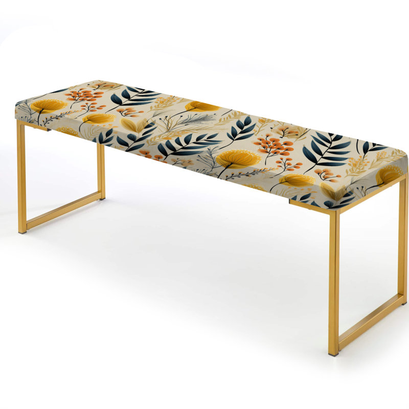 Floral Upholstered Gold Bench, Botanical Flowers Rustic Charm II