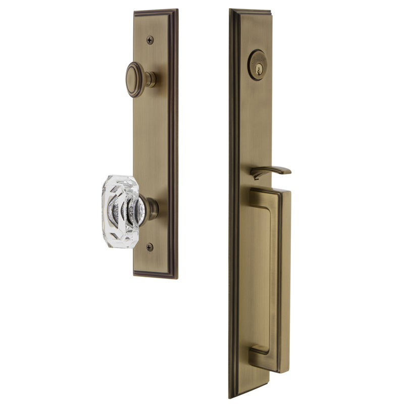 Carré Handleset with Single Cylinder Deadbolt and Baguette Crystal Door Knob and Rosette, 2.375", Vintage Brass
