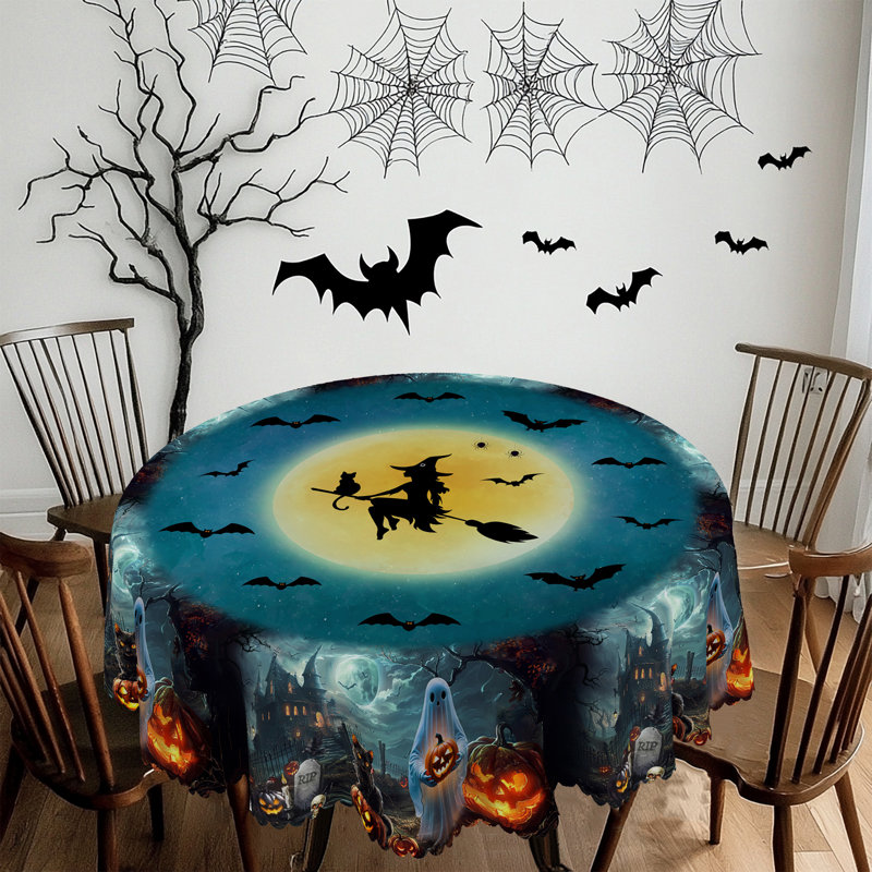 Nappe imprimée sur le thème de l'Halloween 1pc, nappe ronde / rectangulaire Jour des Morts, décoration de table de salle à manger, décoration de salle à manger de fête intérieure, cadeau de fournitures de cuisine des Fêtes