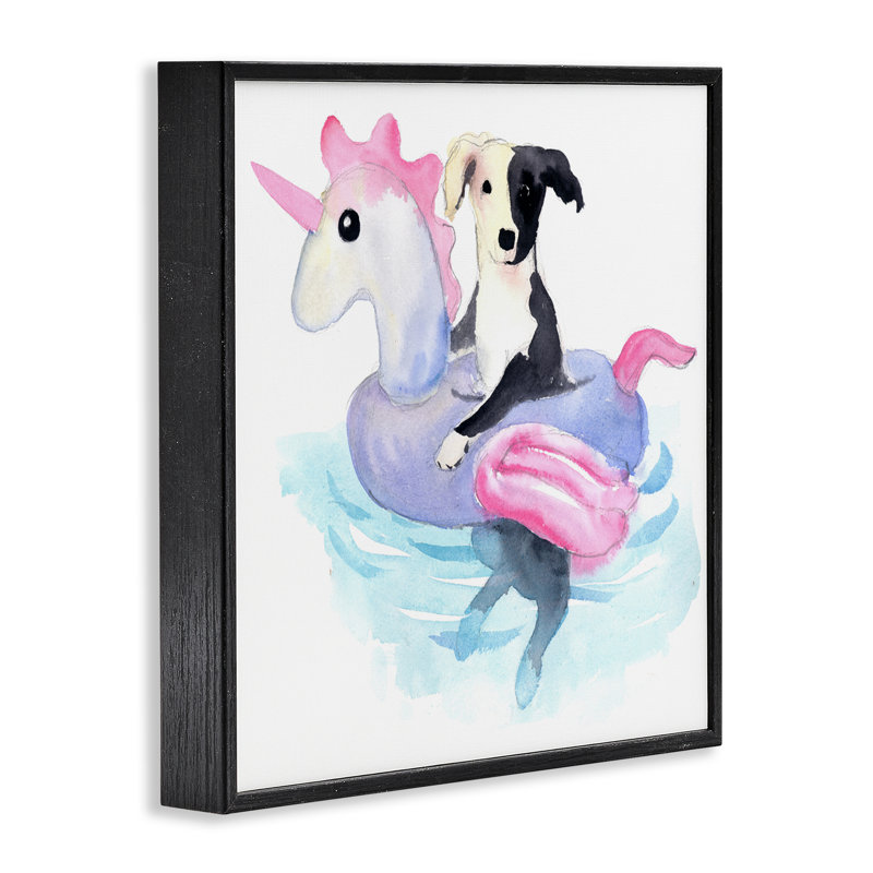 «Sandy Dog Pool Float», art de la giclée encadrée par Geoff Allen, H 12 po x l 12 po, Giclée encadrée noir minuit