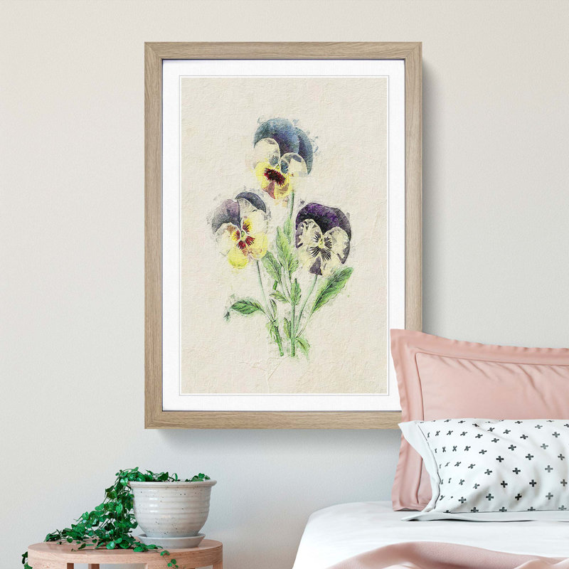 Illustration of Wild Pansies - Picture Frame Painting Print, 65cm H x 48cm W x 2cm D, Oak Framed