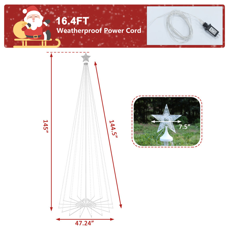 Guirlande lumineuse de 3,65 m (12 pi) en forme de cône de Noël, préilluminée avec 1183 DEL multicolores/blanches pour jardin, terrasse, marché
