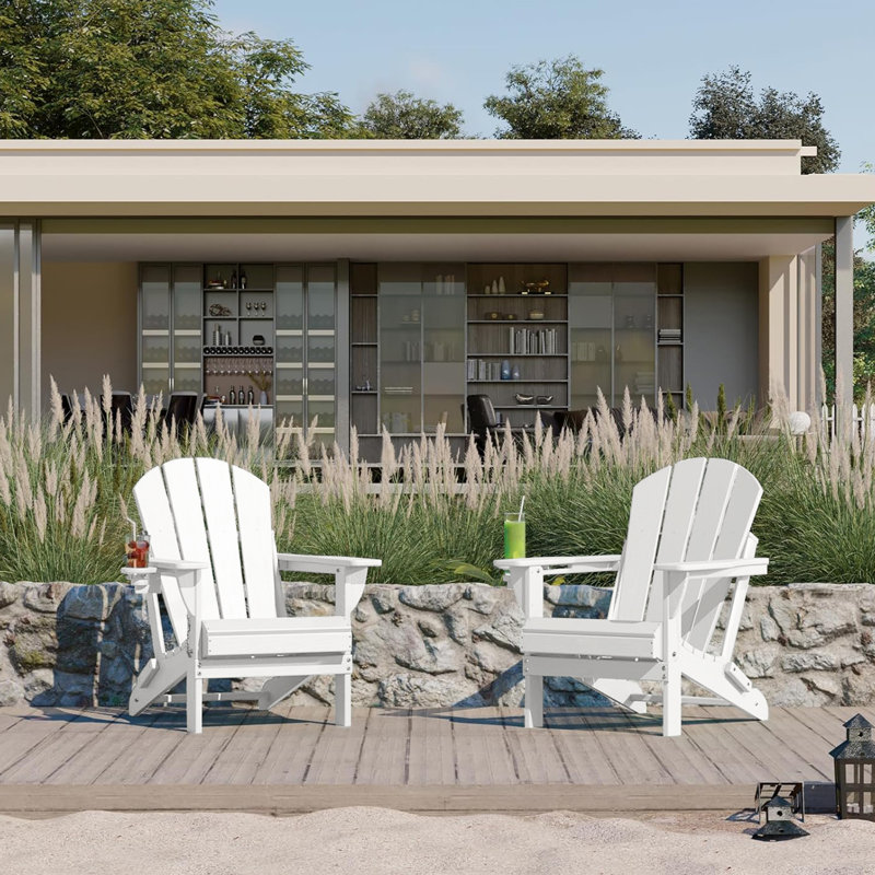 Outdoor Adirondack Chair Set Weather-Resistant HDPE Foldable Patio Chair Fire Pit Chair with Cup Holder, White