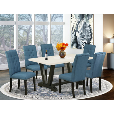 The 7-piece dinner table set includes a Linen White (Off-White) dining table and 6 Mineral Blue linen fabric parson chairs - wire brushed black finish