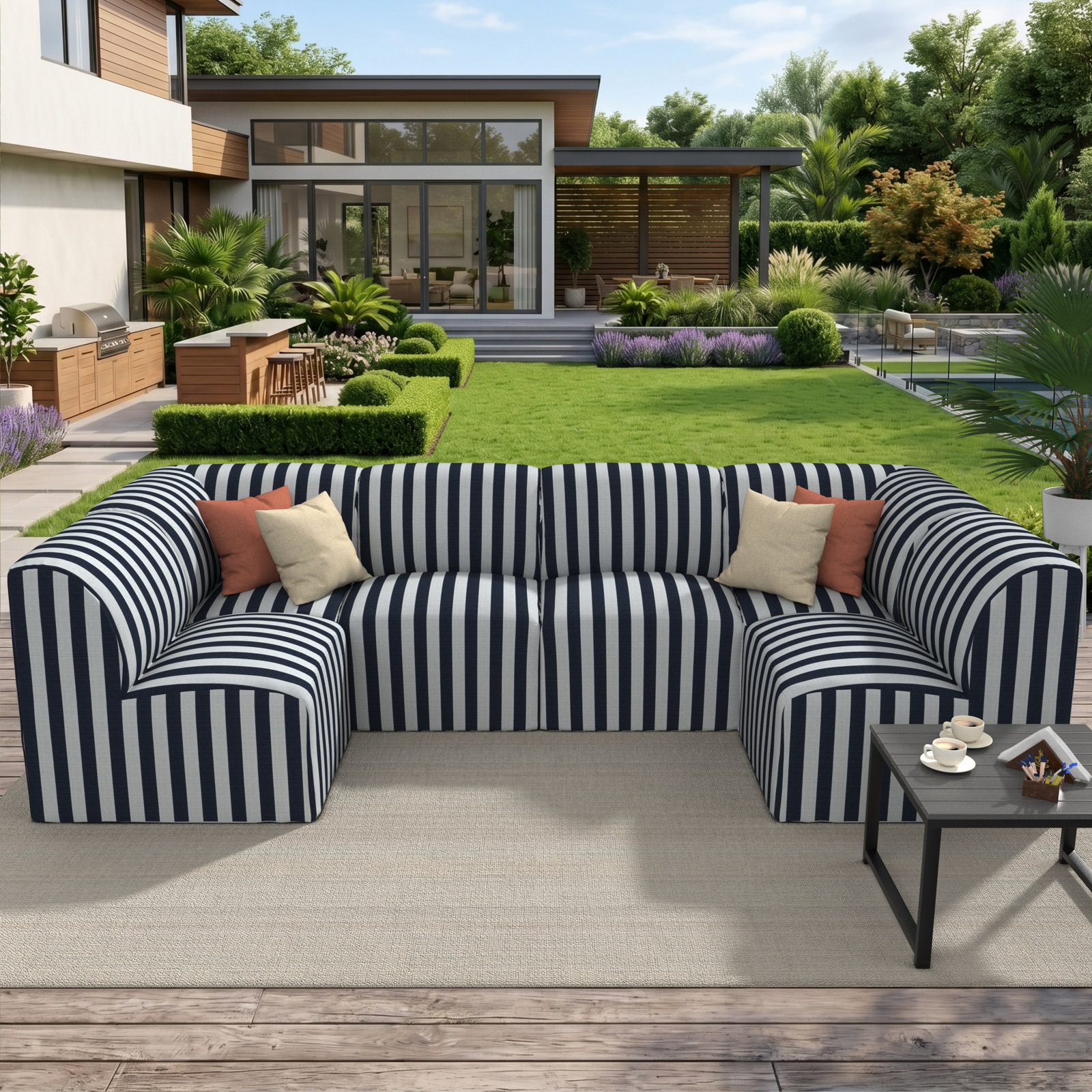 Praia 124" Sunbrella® Patio Sectional, Expressive Mist Striped Sunbrella®