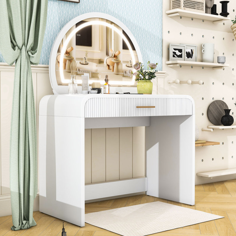 Table de coiffeuse avec miroir tactile et tiroir, White