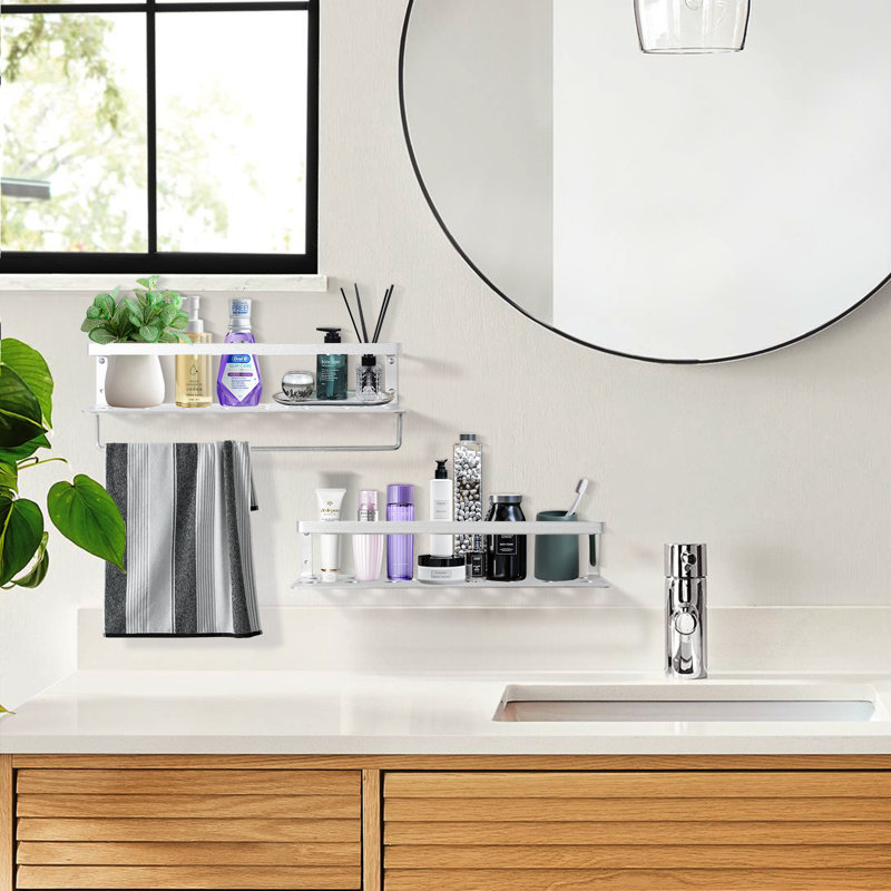 Silver Aluminum Floating Wall Shelves with Towel Bar, Set of 2