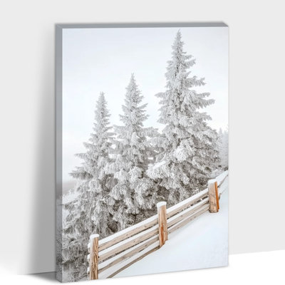 «Snowy Winter Pine Tree», art mural sur toile pour le bureau du salon, impressions encadrées de Noël sur scène rétro, affiche de peinture clôture rustique, 12 po x 16 po