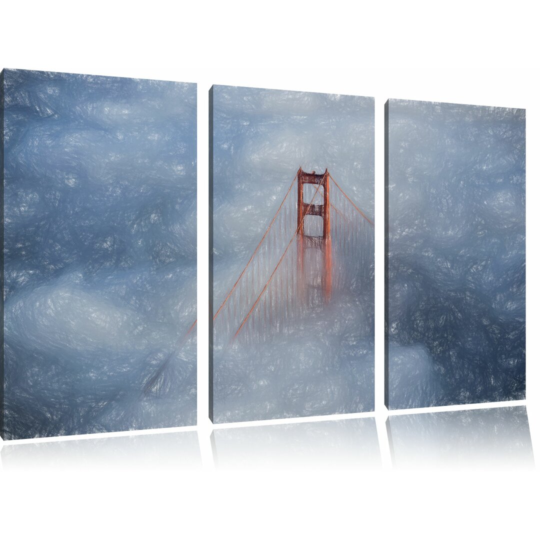 3-tlg. Leinwandbilder-Set „Golden Gate Bridge über den Wolken“, Grafikdruck