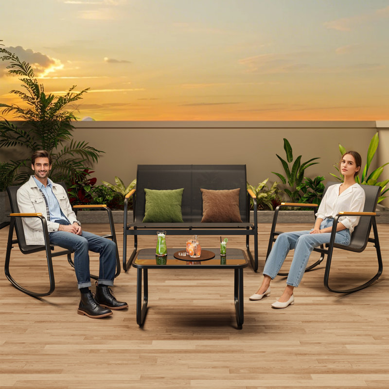 5-Pieces Outdoor Rocking Conversation Set with Loveseat, Wood Armrests and Coffee Table, Black