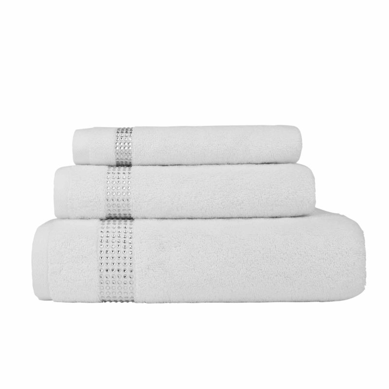 Sparkles Home | 3 Piece Cotton Towel Set | Rhinestone Stripe | Elegant Bathroom Decor, White