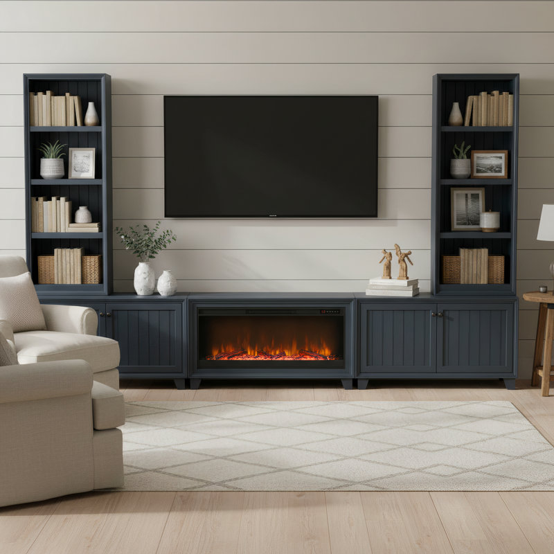 Satie 144" Modular Entertainment Center with Electric Fireplace, Blue