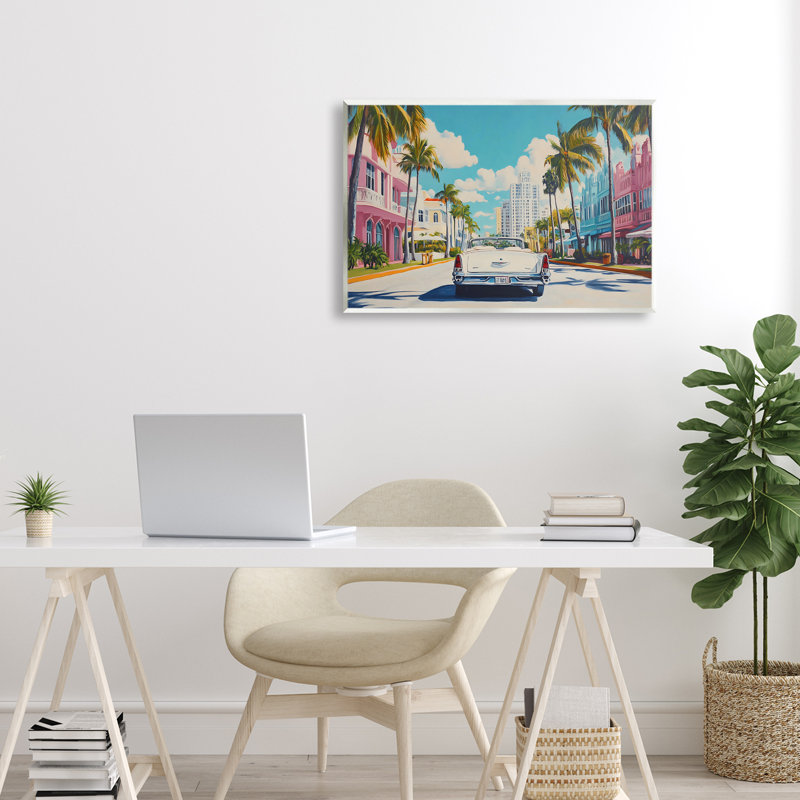 Plaque murale voiture classique dans une ville tropicale, design par Franklyn Gregory, H 13 po x l 19 po