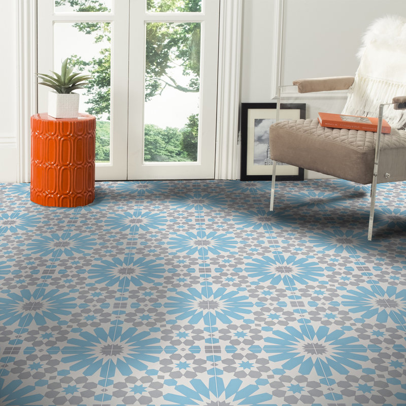 Agdal 8" x 8" Cement Patterned Wall & Floor Tile, Blue/Gray