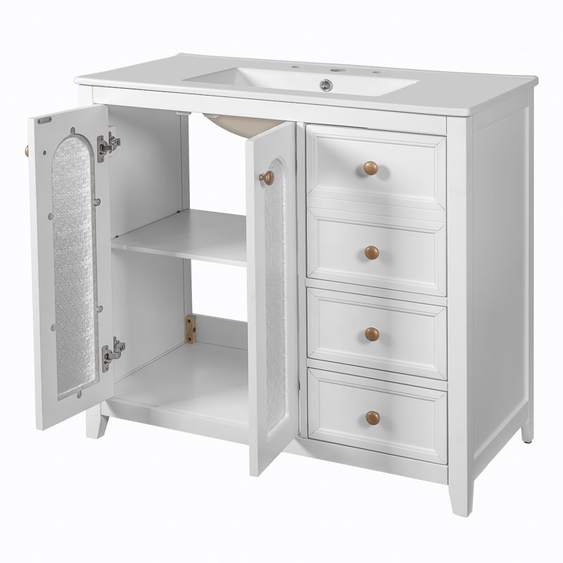Meuble-lavabo 36 po avec 2 portes à fermeture douce et 3 tiroirs, Blanc