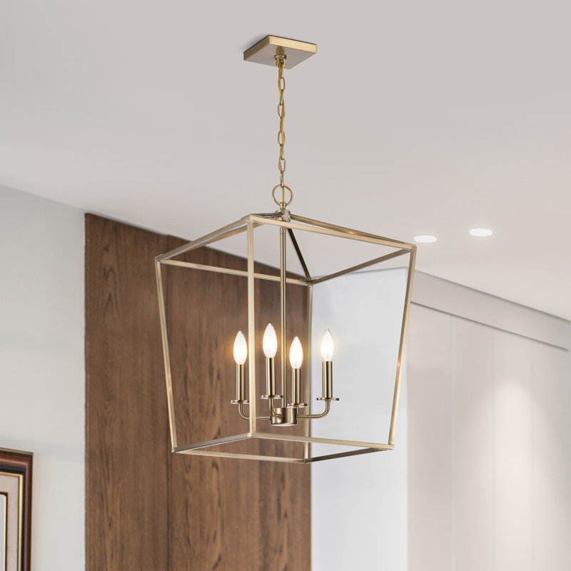 4 - Light Dimmable Lantern Geometric Chandelier, Burnished Brass, 24.13" H x 17" W x 17" D