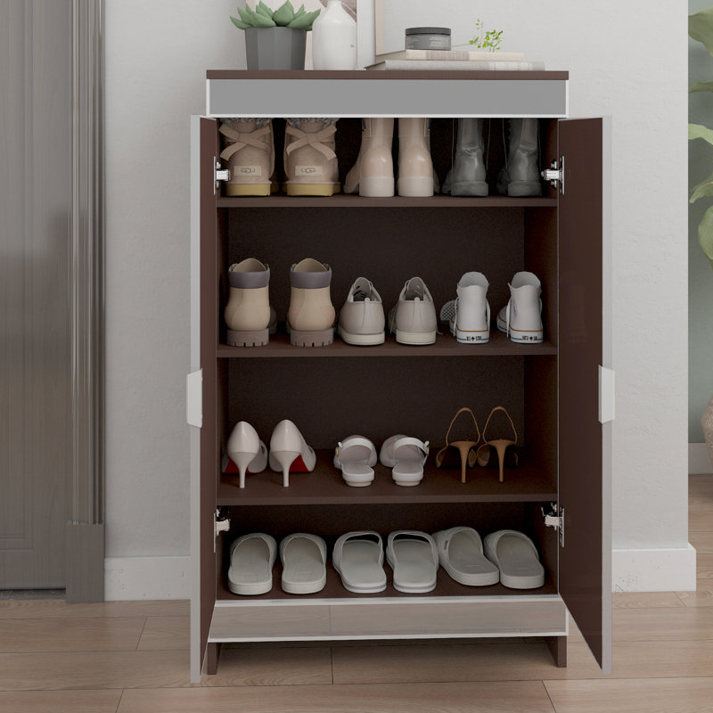 Mirrored Cabinet With Double Door Shoe Storage - Brown And Silver, Frosted Glass Silver Colored,
