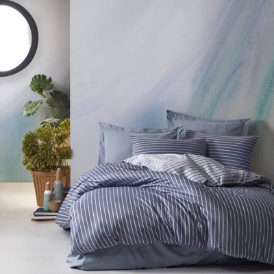 Ensemble de housse de couette en satin bleu pastel, 100% coton turc de grande qualité, 1 housse de couette, 1 drap-housse et 2 taies d'oreiller, hypoallergénique