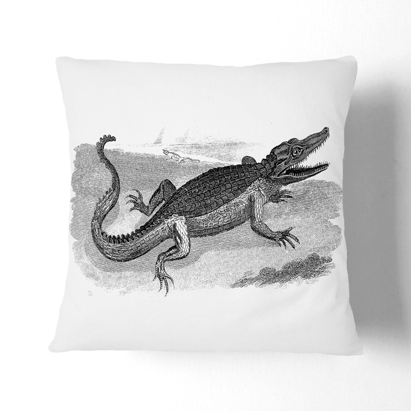 Crocodile In Black And White Square Throw Cushion, 40cm H x 40cm W x 15cm D, White