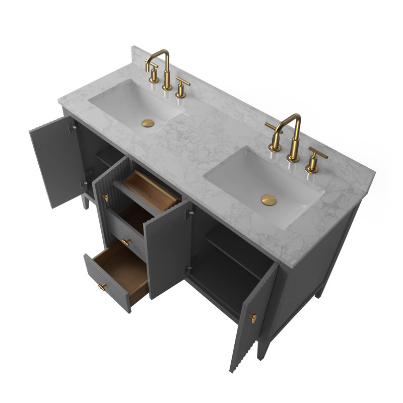 Ensemble de meuble-lavabo double 60 po, Doré brossé, Gris cachemire linéaire