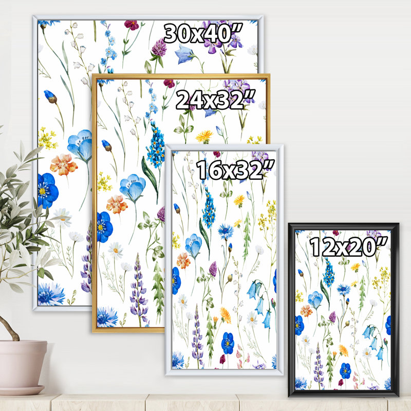 Fleurs bleues sauvages - Peinture sur toile, H 32 po x l 16 po x P 1 po, Toile encadrée dorée