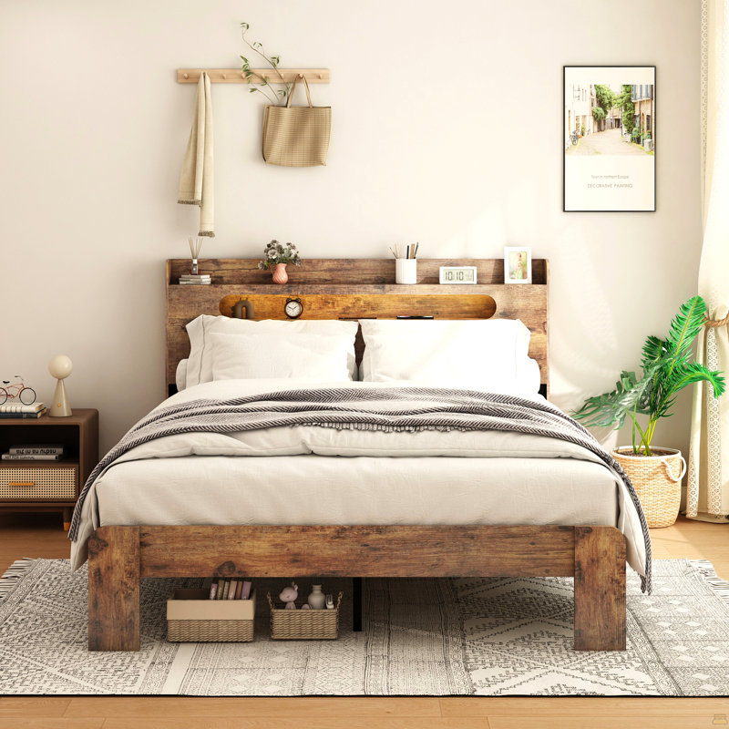 Structure de lit double, structure de lit plateforme en bois avec tête de lit à DEL avec rangement et 2 ports USB, Lit double