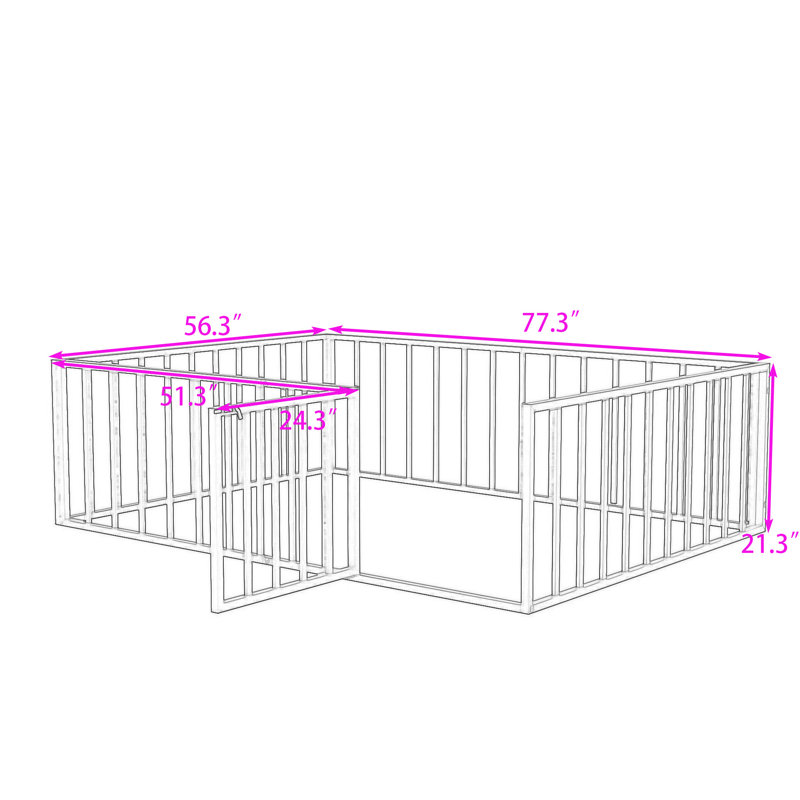 Metal Floor Bed Frame With Enclosed Fence And Swing Door, Black, Full