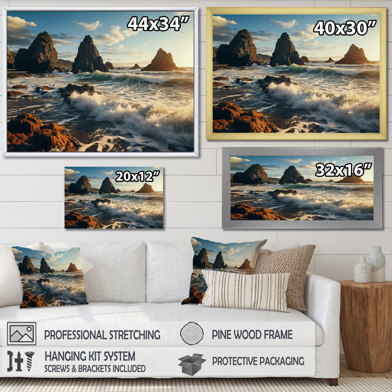 «Soumaya Rocky Beach Sea Stacks On», reproduction sur toile, Cadre simple blanc, H 34 po x l 44 po x P 1,5 po