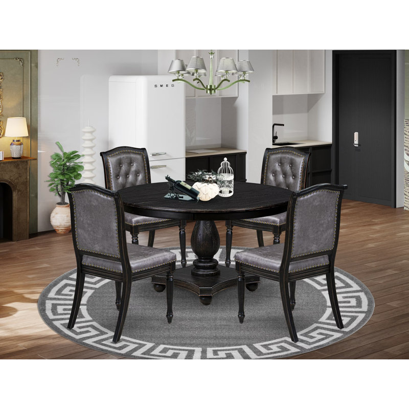 L'ensemble de table de salle à manger 7 pièces comprend une table et 6 chaises en tissu de polyester gris foncé avec dossier capitonné - Noir sablé