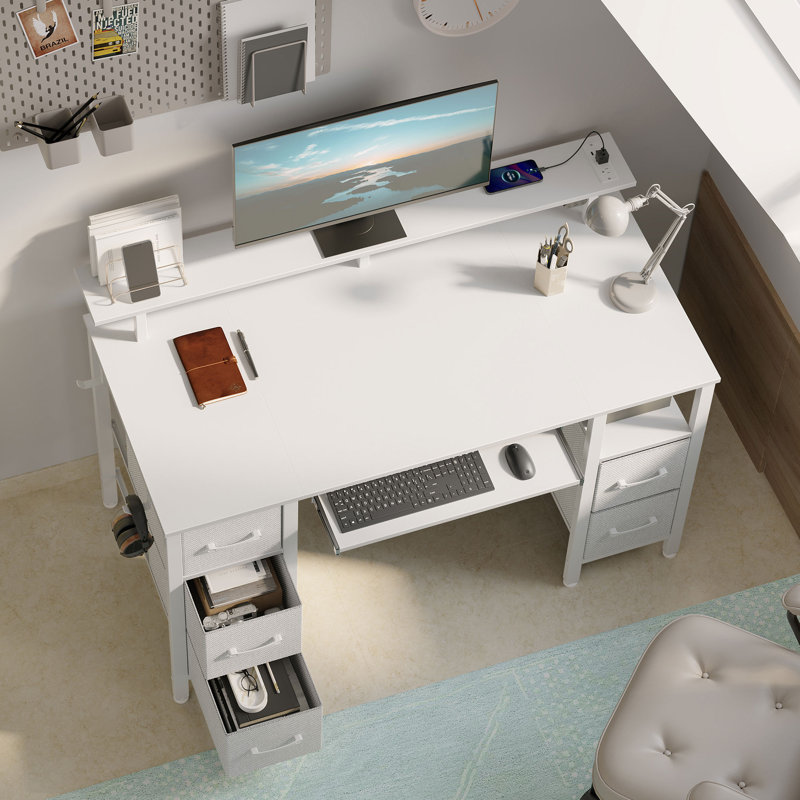 Computer Desk with 4 Drawers and Monitor Shelf, Gaming Desk with LED Lights & Power Outlets, White