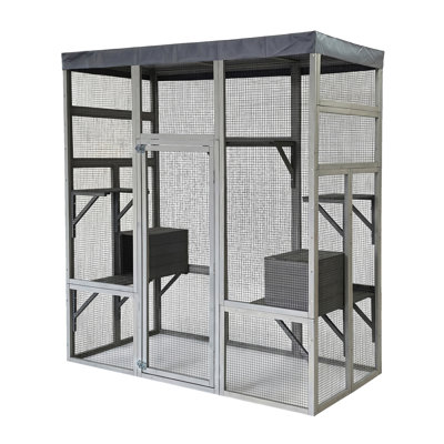 Gray Wooden Catio Pet Enclosure with Waterproof Top, Spacious and Secure Cat House & Small Animal Cage, 1 Piece