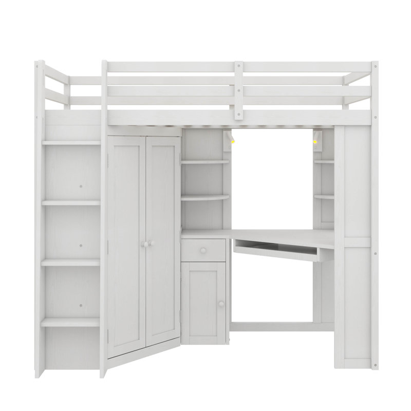 Lit mezzanine simple avec garde-robe spacieuse et poste de travail intégrés, lit surélevé tout-en-un pour économiser de l'espace avec tablette à clavier coulissante, point de charge et deux lampes en métal