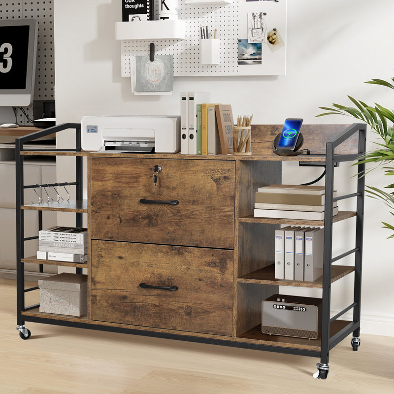 44” Locking Rolling Side File Cabinet With Storage Shelves And Drawers, Rustic Brown